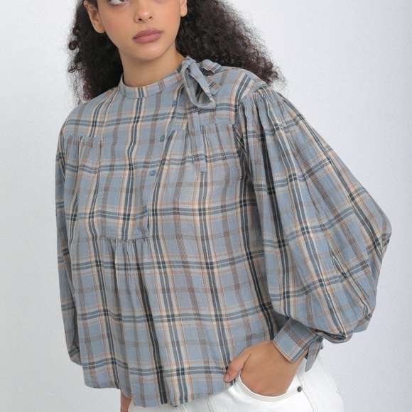 Ulla Johnson / Clarke blue plaid gathered checked cotton voile blouse top 8 - Picture 4 of 9